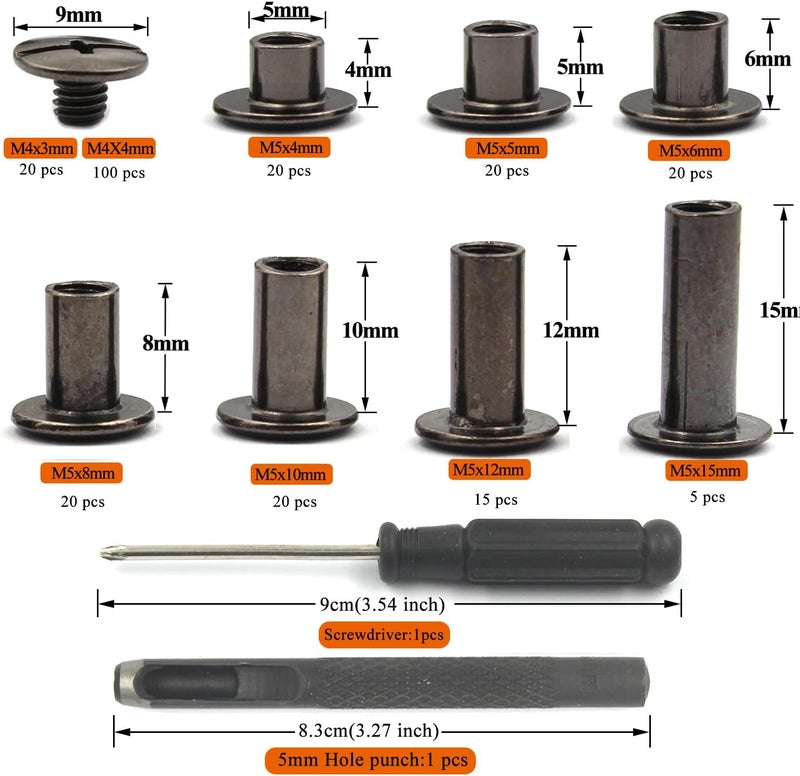 ALLOYPRO 120 Sets Chicago Screws with Hole Puncher and Screwdriver 3/16" Leather Rivets 7 Sizes Assorted Screw Rivet M5 Binding Screws for Decorate and Repair Leather Craft Belt Bookbinding Bag Purse - Image 2